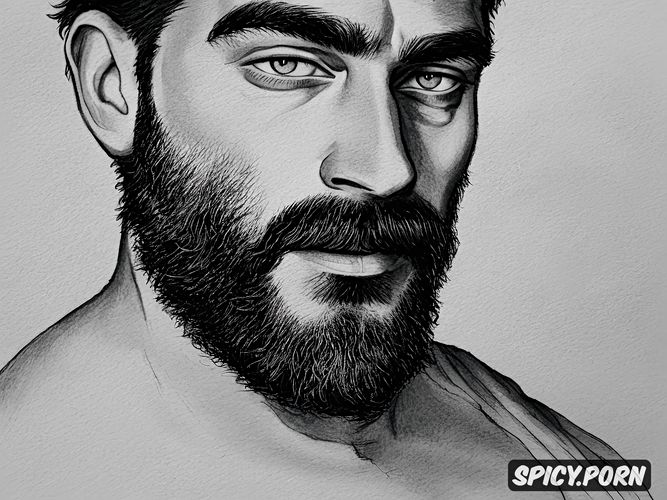 age 30 40, full shot, detailed pencil sketch of a bearded hairy man