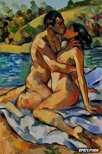 painterly, gauguin, matisse, tender outdoor nude kiss impressionist