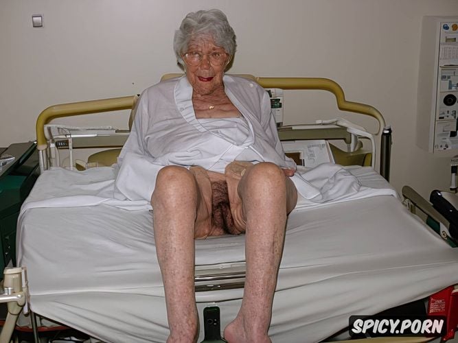 grey hair, very old granny, wearing hospital gown, spreading legs