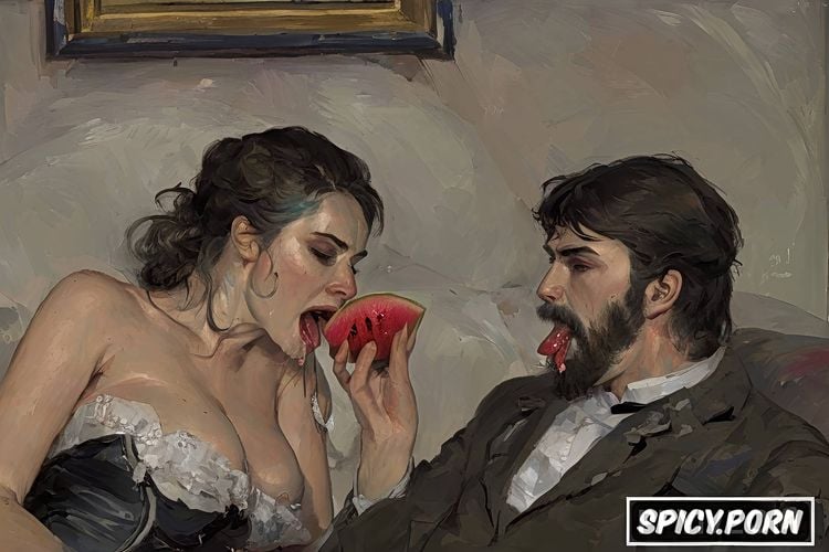 vampire, couch, impressionism painting style, watermelon sliced