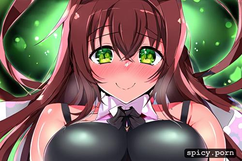huge tits, bunny suit, green eyes, heart shaped pupils, long coral brown hair