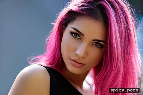 gorgeous latina, pink hair, realistic, short, skinny body, pastel colors