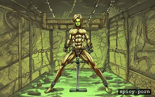 the background is a dungeon, leg straps, topless, prisoner, dim light