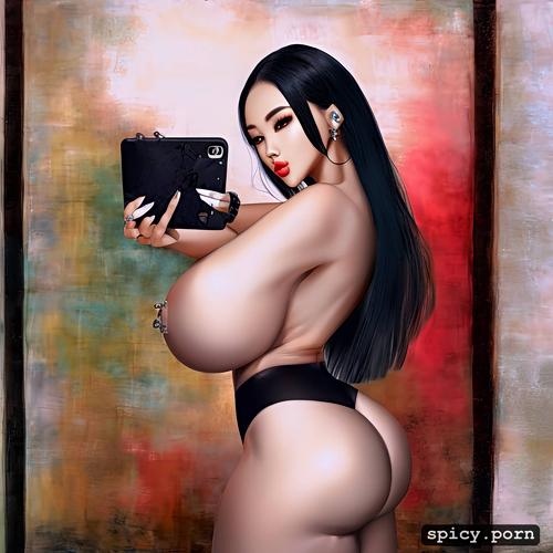 hourglass figure body, korean female, black hair, piercing, selfie