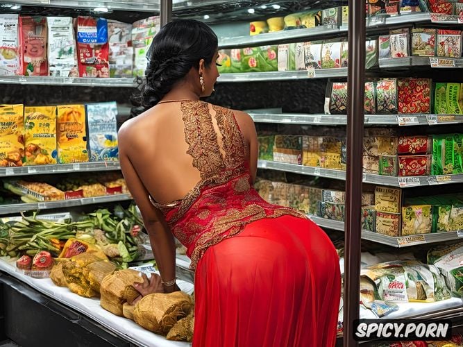 a captivating indian woman radiating with a precisely accurate natural body is standing confidently in the grocery store exuding an aura of seduction enticing the viewer backside of her checking he out her full body