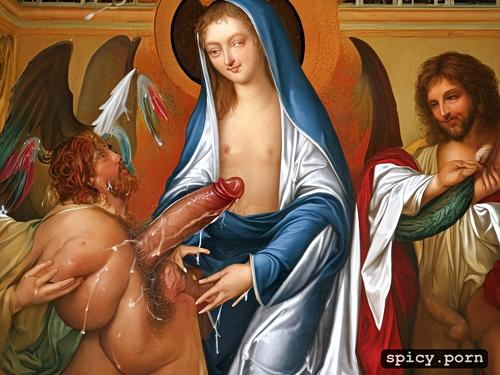 virgin mary spreading hairy vagina baphomet inserting his penis and sperm dripping out of gaping anus
