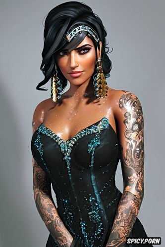 pharah overwatch classy low cut black evening gown tiara beautiful face tattoos milf