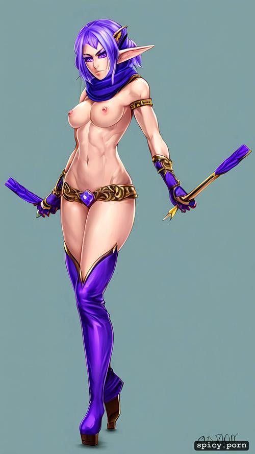 pretty naked female, 20 yo, 3dt, blue hair, purple eyes, golden archery bow