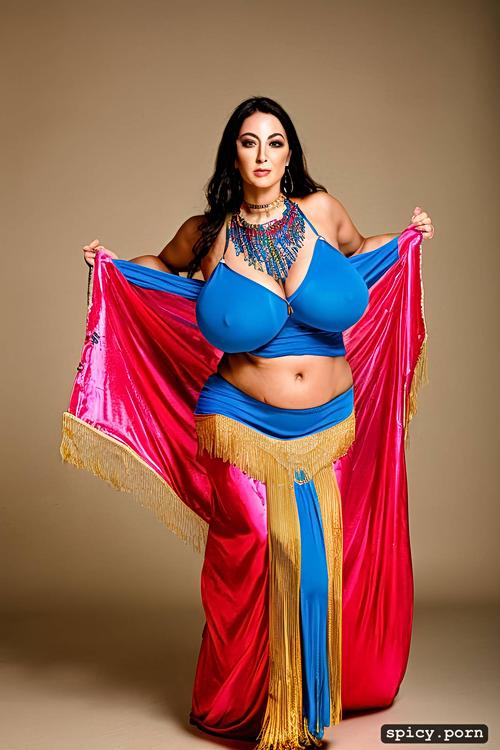 full body, curvy, colorful costume, performing, big saggy tits