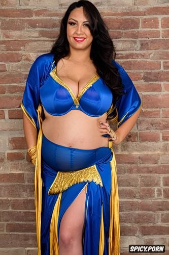 gorgeous voluptuous belly dancer, detailed symmetric face, long skirt with matching bra