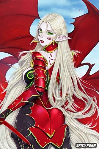 green eyes, long blond hair, yellow face paint, red armor, red sword back