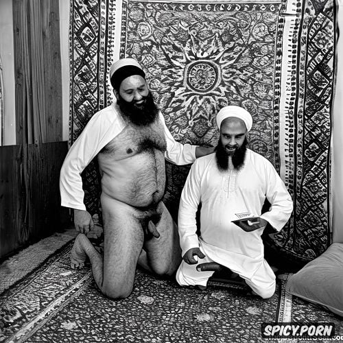 pissing in mouth, hard veiny erected penis, two old fat muslim imams