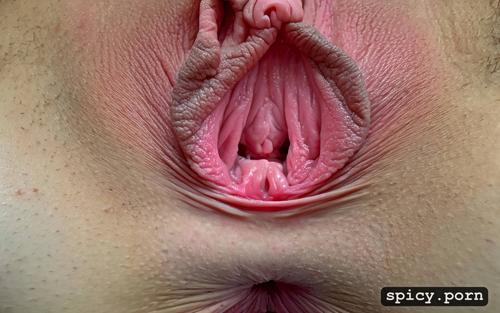 facing the viewer, pussy gape, pussy close up, no pubic hair smooth pussy