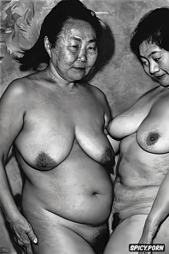 two elderly asian lesbians, fat thighs, small breasts, diego velazquez painting style delacroix painting style
