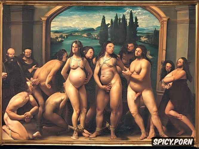 renaissance painting, virgin mary nude, ultra detailed, four elder men watching