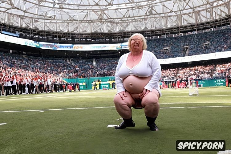 old granny, obese fat, squatting, spectators watching, oversized hanging enormous belly