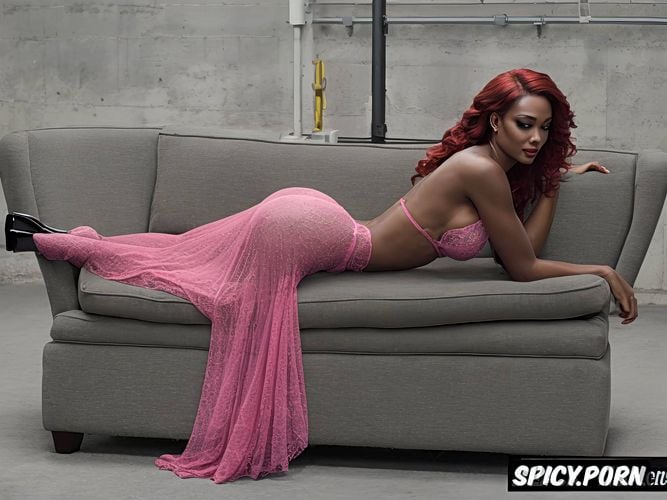 perfect body, laying on chaise, profile shot, pink sash, exotic waitress