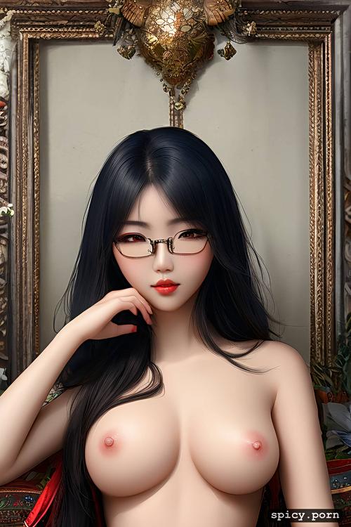 glasses, 19 years old, centered, korean woman, black hair, comprehensive cinematic