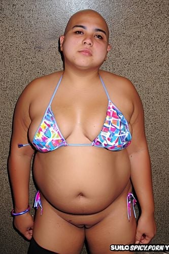 fat mexican teen shaved head, butt and thighs tiny tits flat chest large aeriolas naked shaved pussy standing facing the camera shaved head