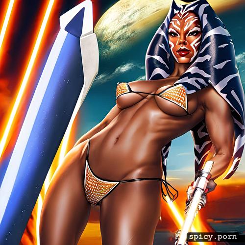 rosario dawson as ahsoka tano from star wars posed with a prop
