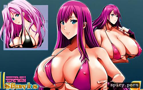 massive breasts, thai lady, pink hair, long hair, micro bikini
