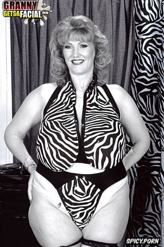 elegant granny, tan lines in zebra print lingerie in bedroom