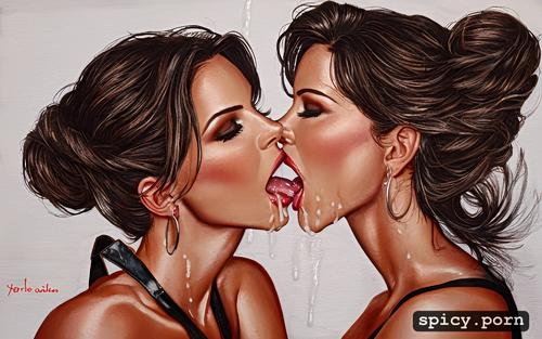 face licking, two women kissing, romantic kissing, covered in cum
