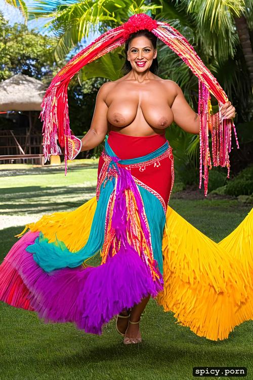 color photo, giant hanging boobs, performing on stage, intricate beautiful hula dancing costume