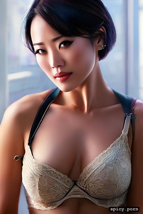 curvy body, photorealistic, small breasts, short hair, perfect face