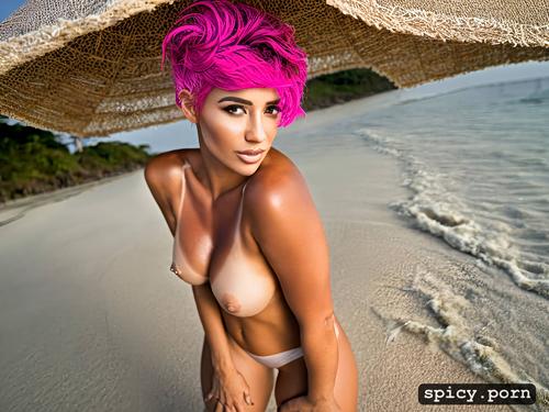 brazilian lady, pink hair, sharp focus, tanned skin, natural tits