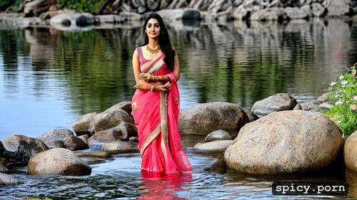 the water is crystal clear and reflects the actress s serene expression
