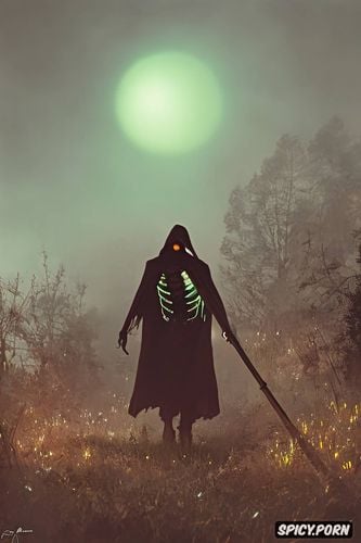 some meters away, at night, realistic, foggy, scary glowing grim reaper
