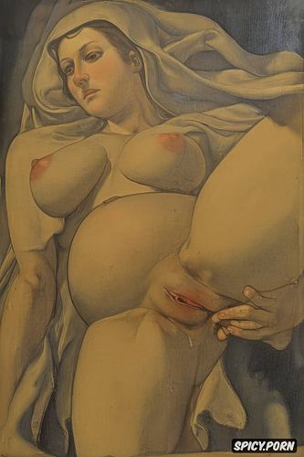 virgin mary nude in a barn, wide open, halo, pregnant, masturbating