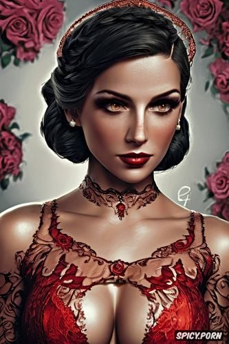tattoos masterpiece, ultra detailed, elizabeth bioshock infinite beautiful face young tight low cut red lace wedding gown tiara