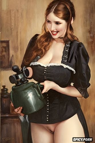 smiling, smiling seductively, victorian era england, licking and biting her nipple