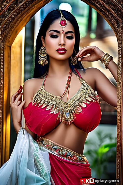beautiful nipple, white skinned indian woman, red saree, ultra detailed vagina