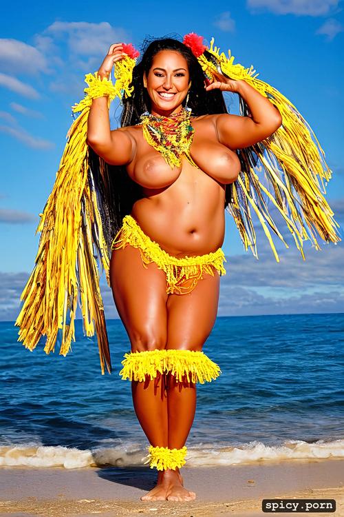 flawless smiling face, 34 yo beautiful tahitian dancer, intricate beautiful hula dancing costume