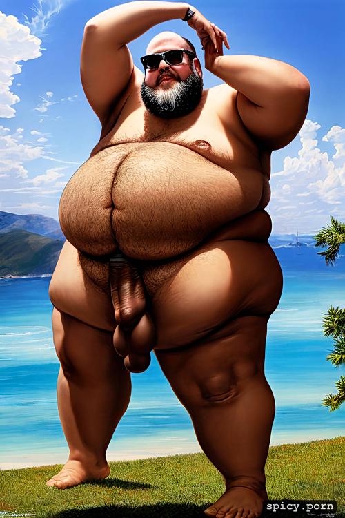 super obese chubby man, whole body, skin head, italian man, cute round face with beard and glasses