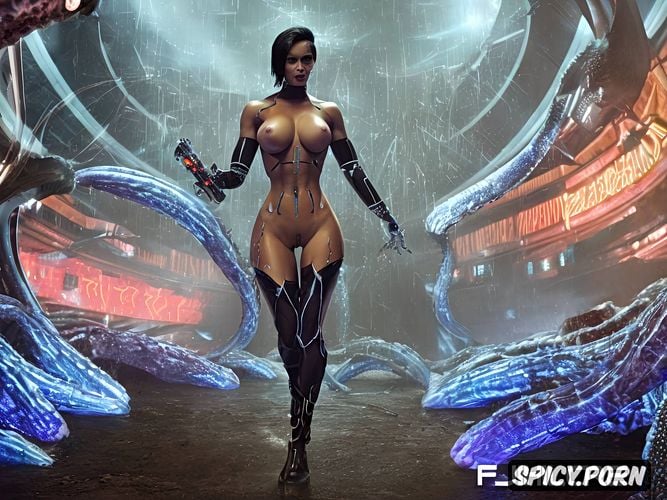 anatomically correct, ambush fuck, athletic, digital blue, pussy deep fucked by cybernetic thick tentacle dick