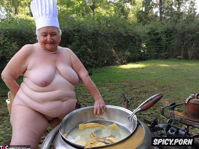 90 years old, big breasts, cooks a steaming stew in a saucepan
