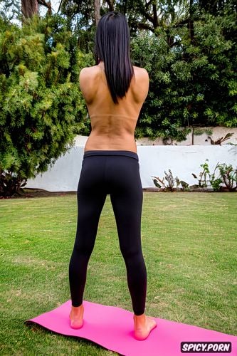 a fully dressed, in a downward dog yoga position, view from her back