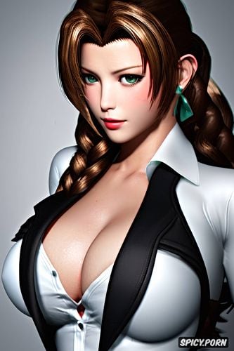 ultra detailed face shot, ultra realistic, aerith gainsborough final fantasy vii black blazer white shirt shirt unbuttoned beautiful face busty milf