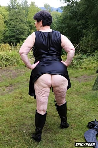extremly hairy pussy, dimpled plump ass, background woods, pale