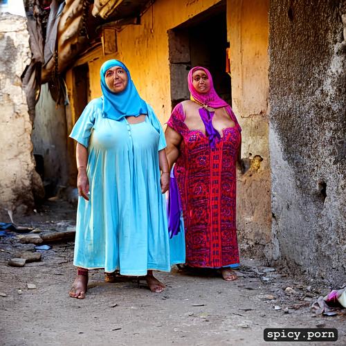 in filthy slum, groped, massive belly, massive boobs, traditional arabic dress