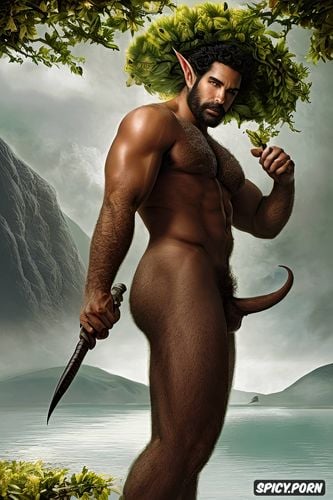 perfect penis and testicles, naked hairy body, lake, muscular male