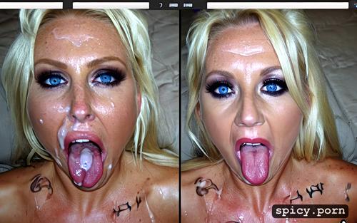 blue eyes, blonde, head pulled down agressively, dripping cum