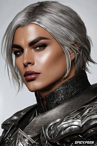 tight black leather armor, masterpiece, hawke dragon age beautiful face ebony skin silver hair tattoos