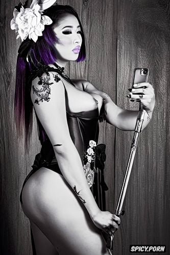 blue hair, silicon tits, geisha, muscular body, sharp focus