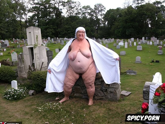 grave with headstone in a cemetery, saggy big huge tits, fat