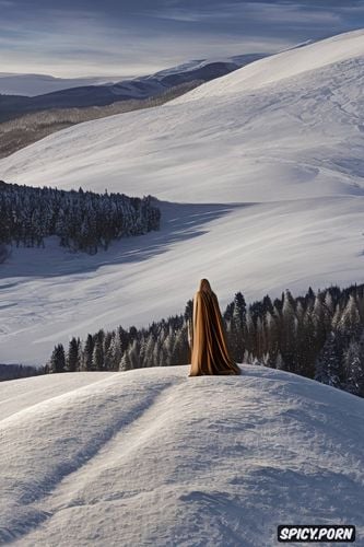 sansa stark, snowy landscape, photo, highres, suck dick, realistic